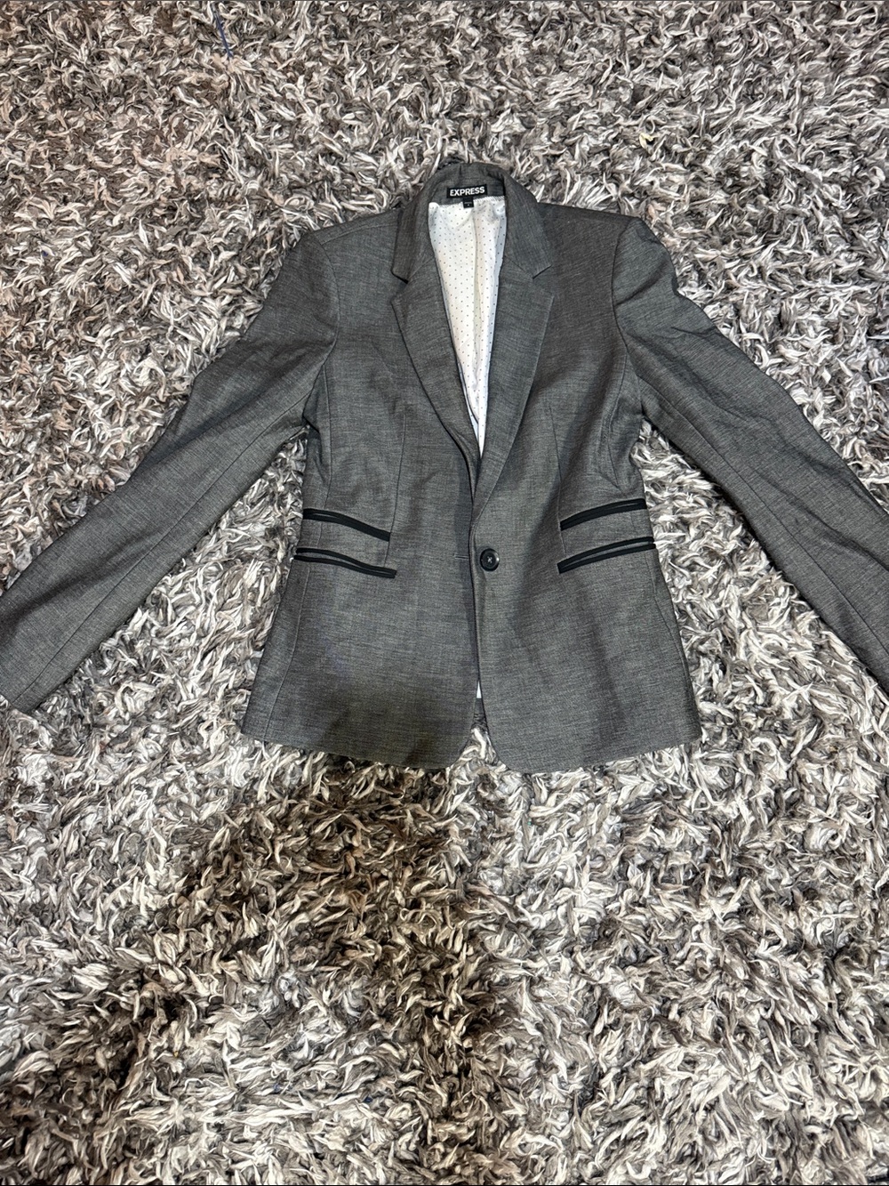 Express Gray Notch-Lapel Single-Button Blazer with Black Trim